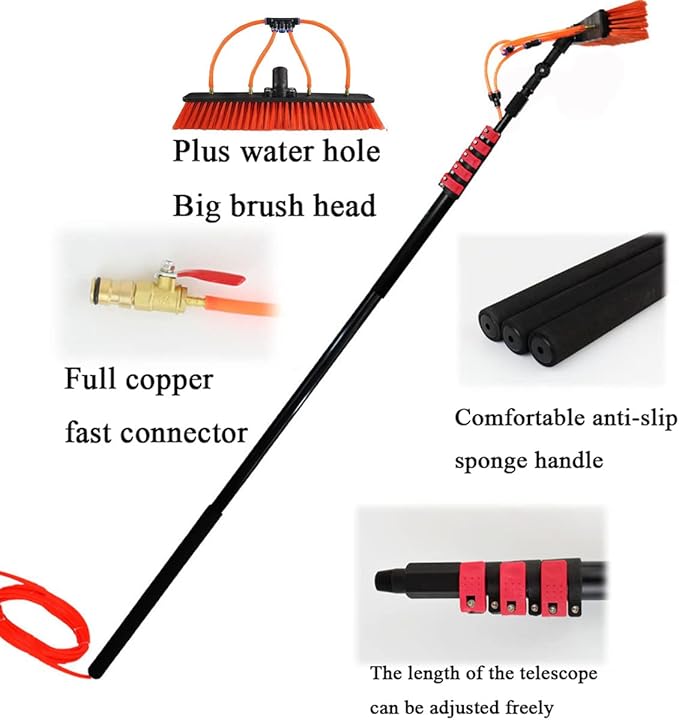 Adjustable Window Cleaning Pole Water Fed Telescopic Brush Extendable Cleaner Car Trucks Glass Cleaning Brush Equipment - 20m/65.6ft Hose6m/20ft