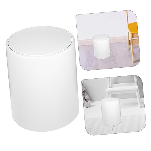 Modern Press Trash Can Medium Garbage Container with Press Lid Stylish Waste Basket for Home Use for Bedrooms Kitchens and Compact Spaces Gray White