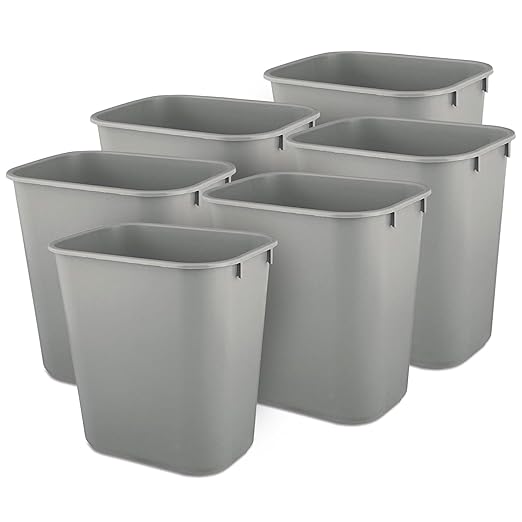 Rubbermaid 6 Pack 2955GRA Deskside Plastic Wastebasket Rectangular 3 1/2 gal Gray