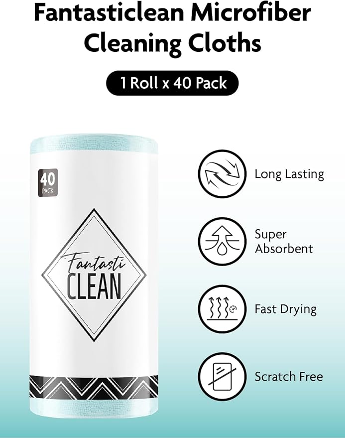 Fantasticlean Microfiber Cleaning Cloth Roll -40 Pack Tear Away Microfiber Towels 12 x 12 Reusable Washable Scratch Free Ultra Absorbent Dishcloth for All-Around Cleaning Supplies (Blue)