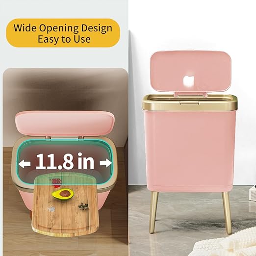 Procade Bathroom Trash Can with Lid 4 Gallon Pink Garbage Can Tall Plastic Trash Bin with Push Button Slim Gold Trash Can Waste Basket for Room BedroomOfficeKitchen