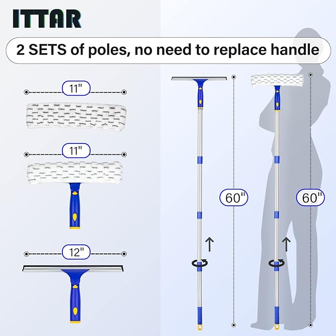 ITTAR Window Squeegee with 2 Sets Stainless Steel Pole Squeegee Cleaning Tools with Microfiber Pads 60-72 Telescopic Window Washing Kit Professional Squeegee Cleaner for Home Car Outside Glass
