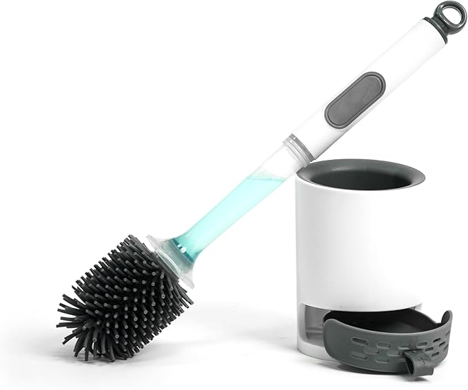 Silicone Toilet Brush and Holder Set 1 Pack Bendable Toilet Scrubber for Curved Rim Non-Scratch Drip-Resistant Brush with Sprayer Space Saving Bathroom Essentials (1)