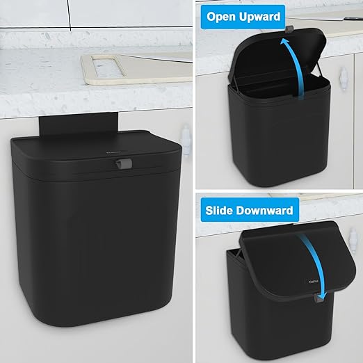 Naisu 3 Pack 1.12 Gallon Kitchen Garbage Bin for Counter Top or Under Sink Stick on the WallHanging Small Trash Can with lid for Cupboard/Bathroom/Bedroom/Office(Black)