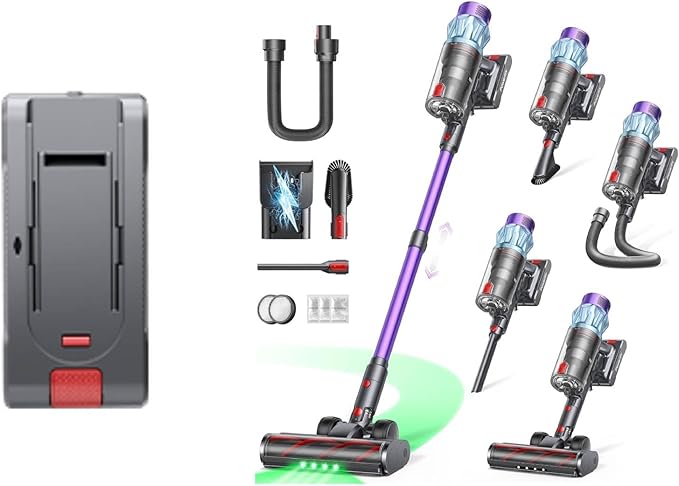 Replacement Battery and Cordless Vacuum Cleaner 65min/600W/50KPA Self-Standing Vacuum Cleaners for Home with 3.3Ft Hose &amp Auto Mode Wall Mount Charging