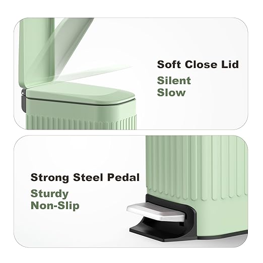 TrashAid Slim Bathroom Trash Can with Lid Soft Close 6 Liter/1.6 Gallon Stainless Steel Small Garbage Can with Removable Inner Bucket Step Pedal Slim Wastebasket for Toilet Office Bedroom Green