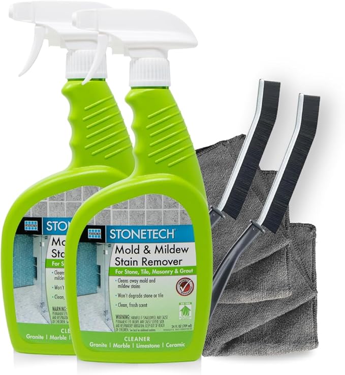 StoneTech Mold and Mildew Stain Remover Cleaning Kit | Kitchen Patio Shower and Bathroom Cleaner for Natural Stone Tile and Grout 2-Pack 24-Ounce Spray with Microfibers and Crevice Brushes