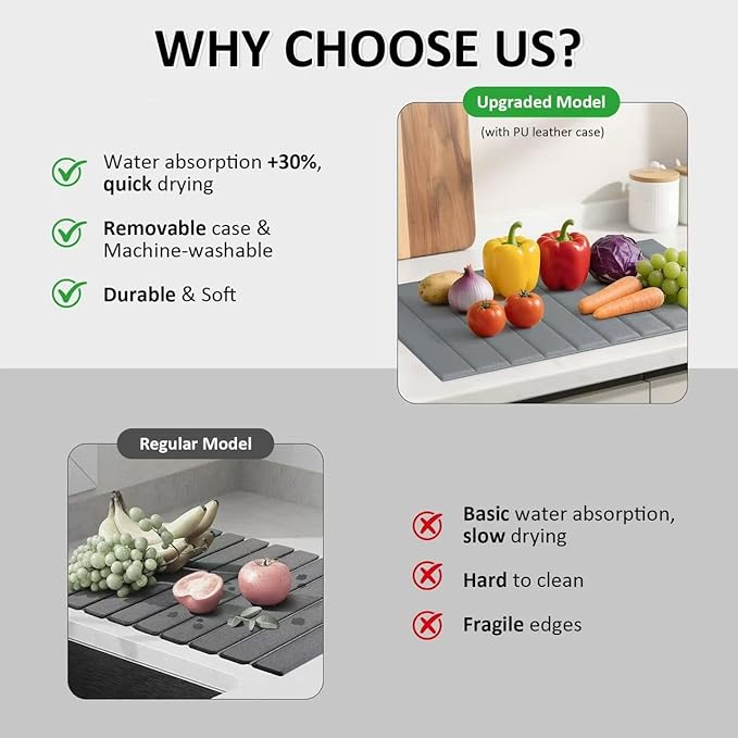 Large Stone Dish Drying Mat for Kitchen Counter 24x16 Inch - Super Absorbent Quick Dry Diatomaceous Earth with PU Leather Foldable Space Saving Stone Bath Mats for bathroom