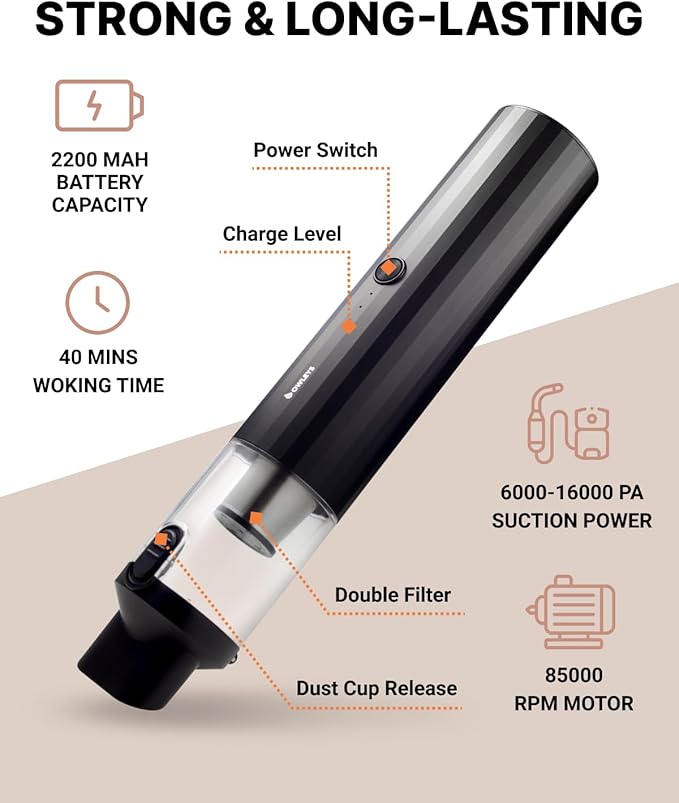 Owleys Portable Handheld Car Vacuum Cleaner with HEPA &amp Stainless Steel Filter 6000–16000PA Suction 85000 RPM Motor 40-Min Battery Life Cordless Mini Vacuum for Car Home and Office