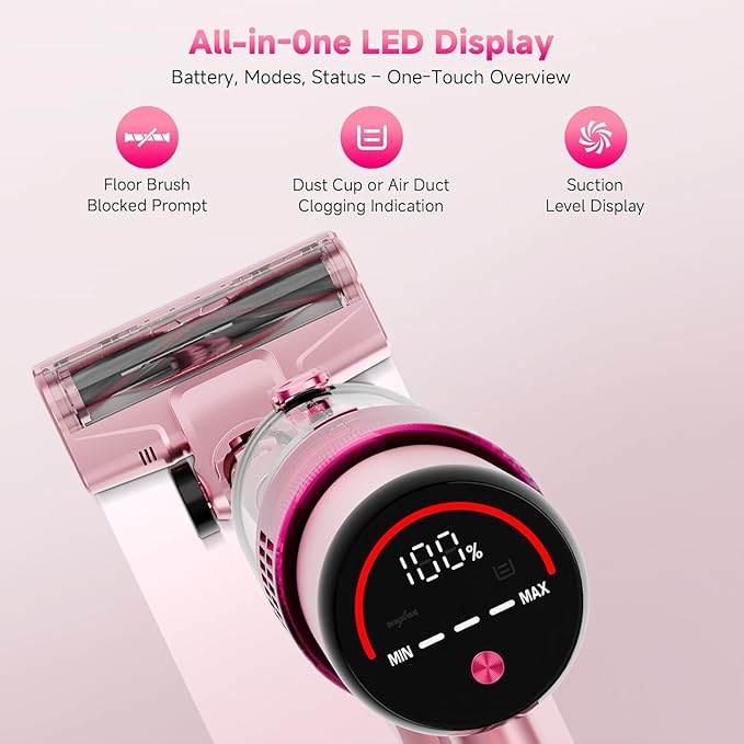 Cordless Vacuum Cleaner: Portable 6-in-1 Stick Vacuum with Anti-Tangle Brush LED Headlight Self-Standing HD Display Rechargeable Vacuum for Pet Hair Low-Pile Carpet and Hardwood Floor-Dark Pink