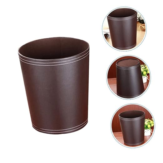 VOSAREA 1Pc Round Waste Basket Stylish Trash Can for Home Office PU Design Convenient Open Top for Easy Disposal for Living Room Workspace