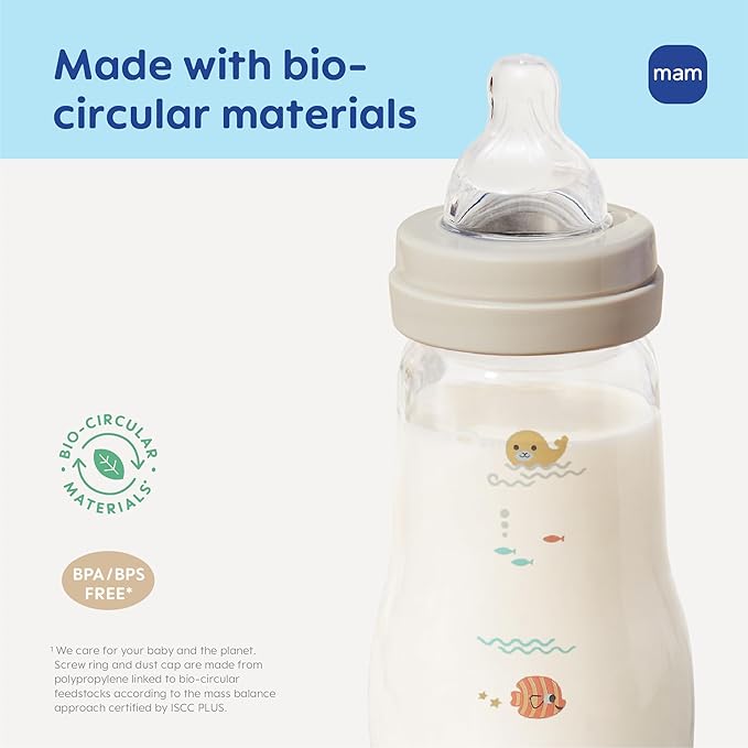 MAM 9oz Premium Glass Wide Neck Baby Bottle with Medium Flow Breastfeeding-Like Silicone Nipple Easy to Clean BPA Free 2+ Months Easy Switch Between Breast and Bottle Made in Europe 3 Pack