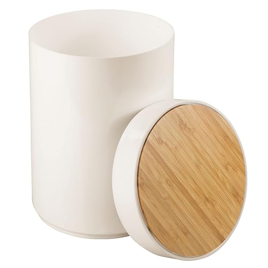 mDesign Plastic Round Trash Can Small Wastebasket - Garbage Bin Container with Swing-Close Lid - Bathroom Garbage Basket - Holds Waste Recycling - 1.3 Gallon - Basa Collection - Cream/Beige/Natural
