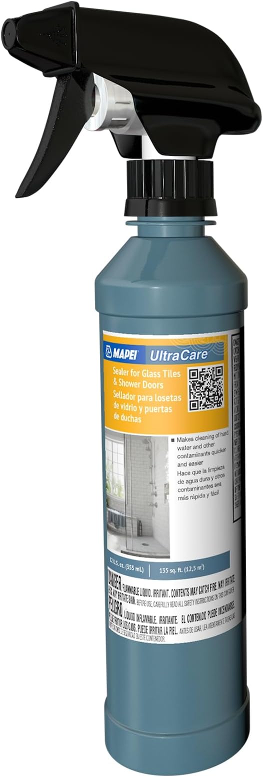 Mapei UltraCare Sealer for Glass Tiles &amp Shower Doors 12 oz Spray Easy-to-Use Protective Barrier for Water Repellency Reduces Soap Scum &amp Hard Water Buildup Keeps Glass Cleaner Longer