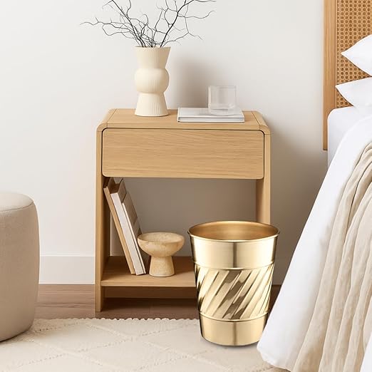 Monarch Abode Metal Bathroom Trash Can – Waste Basket for Bedroom Office Desk &amp Dorm Handcrafted Wave Embossed Durable Decorative Brushed Gold Small Trash Can Bathroom Garbage Bin Wastebasket