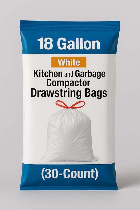 18 Gallon Kitchen &amp Garbage Compactor Bags with Drawstring White Trash Bags (2 Pack 30-Count) – Strong Tear-Resistant Fits Most Kitchen Cans