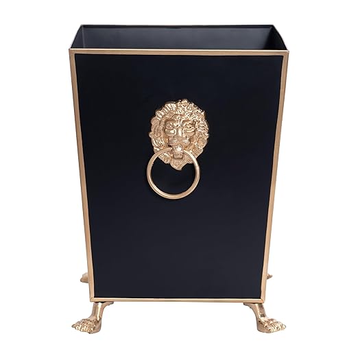 Jaye's Studio Decorative Black Bathroom Trash Can No Lid with Gold Trim Black Metal Trash Can Farmhouse Waste Basket for Dorm Room Bedroom Home Office Square Waste Bin No Lid Lion Head Accent