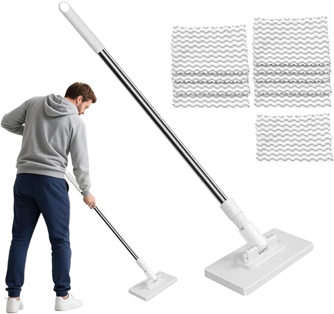 Automatic Cloth Changing Lazy Mop 100x16x8.5cm Disposables Dust Mops with 10 Reusable Cloths 360° Rotatable Flat Mop Portable Detachable Press Face Towel Clamp Wipes Cleaner for Wet and Dry Use
