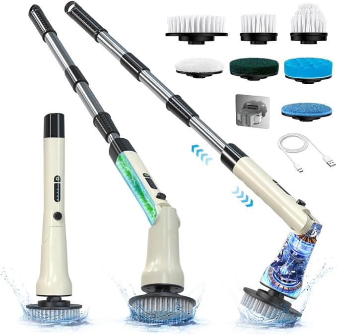 Electric Spin Scrubber Hillyfe Bath Scrubber for Cleaning with 7 Replaceable Brush Heads IPX7 Waterproof300/400 RPM 3 Adjustable SizeCordless Shower Cleaner Brush for Bathroom FloorBeige