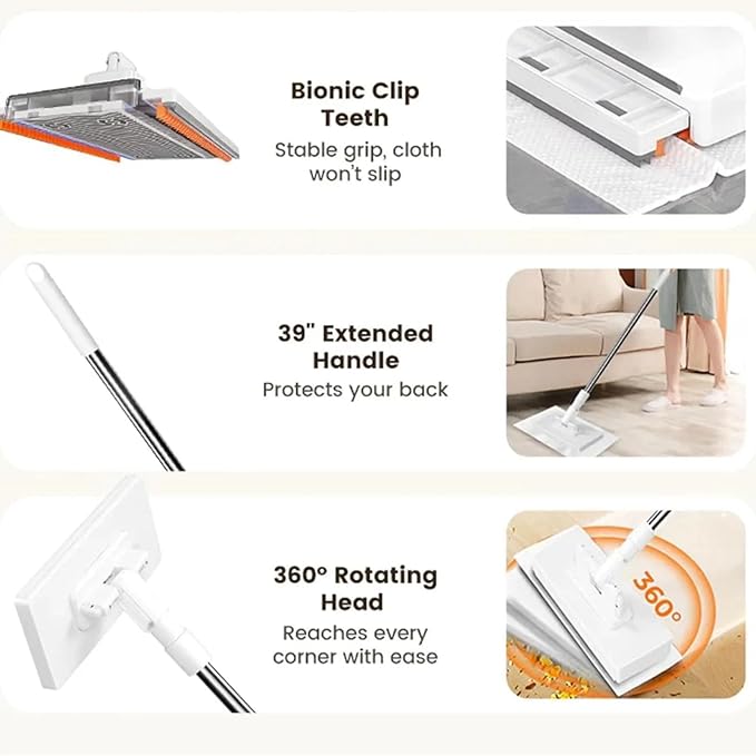 Clip to Grip Mini Mop Snap &amp Grip Zero-Touch Cloth Changing Mops Self-Squeeze Hands-Free Wet &amp Dry Cleaning mops for Kitchen Bathroom Desktop &amp Small Spaces (2 mop + 20 Cloths)