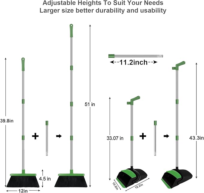 Green Broom with Dustpan Combo Set 51 Long Handle Household Cleaning Tool Ideal Broom and Dustpan Set for Pet Hair and Home Use