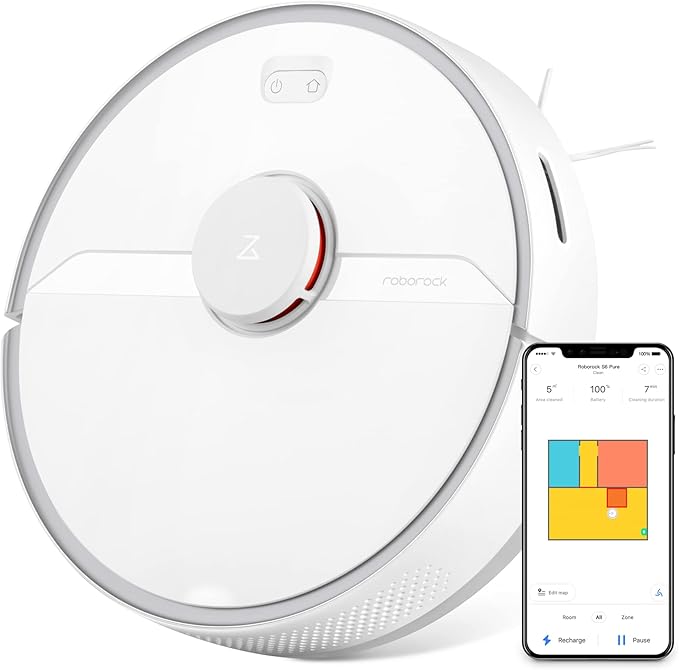 roborock S6 Pure Robot Vacuum and Mop Multi-Floor Mapping Lidar Navigation No-go Zones Selective Room Cleaning Super Strong Suction Robotic Vacuum Cleaner Wi-Fi Connected Alexa Voice Control