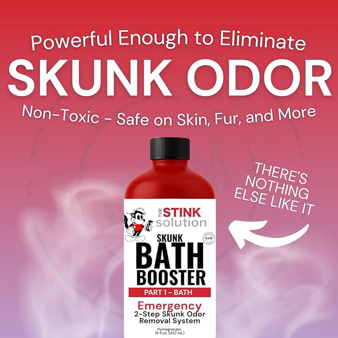 The Stink Solution Skunk Odor Eliminator for Dogs Natural Skunk Smell Remover Kit 16 oz Bath Booster &amp 16 oz Pomegranate Spray Pet Safe Skunk Odor Remover Skunk Deodorizer &amp Skunk Spray Neutr