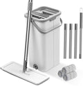 Flat Floor Mop and Bucket Set with Wringer Flat Mops for Floor Cleaning Wall Mop Cleaner with Long Handle Hardwood Floor Mop with 3 Microfiber Pads (F)
