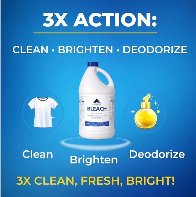Liquid Chlorine Bleach Gallon – 6Pcs 1 Gallon Jug Bleach for Laundry Household Cleaning Commercial Use - Highly Concentrated Formula Bathroom Cleaner Ideal for Kitchen Surfaces Tiles Floors