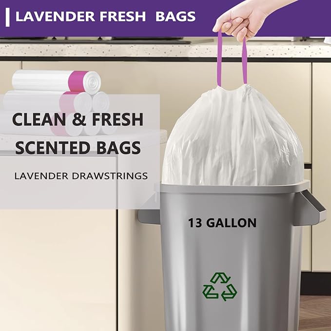 13 Gallon Trash Bags Lavender Scented (100 Count) Tall Kitchen Drawstring Garbage Bags 10-13 Gallon High Density Bags (White)