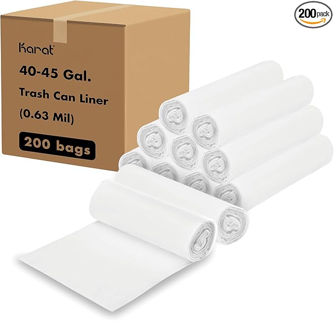 Karat Trash Bags [40-45 Gal - 200 pc] | 16 Microns | Clear High Density Garbage Can Liners | 40 x 48