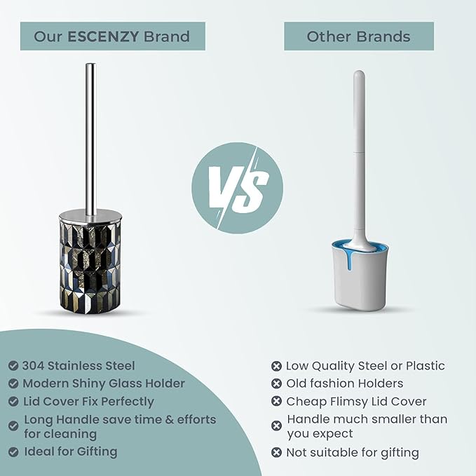 Escenzy Cute Toilet Brush and Holder Set Mosaic Glass | Non-Rustic Stainless Steel | Practical &amp Decorative Toilet Bowl Brush and Holder | Luxury Black and Gold Bathroom Accessories (Latest)