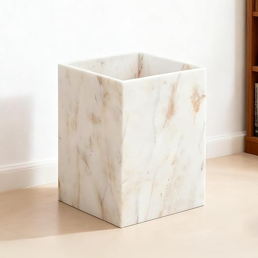 Elegant White Gold Marble Wastebasket Trash Can 7 X 7 X 9 Rectangular Trash Can with Natural Veining Marble Basket for Bathroom Bedroom Powder Room
