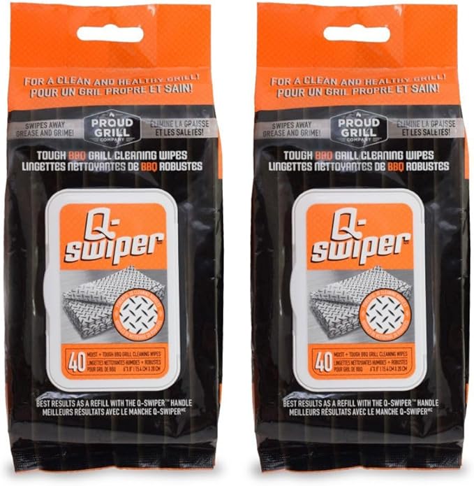 Proud Grill Q-Swiper Grill Cleaning Wipes - Bristle &amp Wire Free BBQ Cleaner Heavy Duty Degreaser Wipes Grease &amp Grime Remover for Outdoor Barbecue Grills Disposable 80 Count (2x40) Pack o