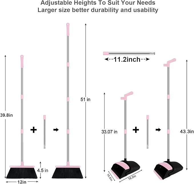 Pink Broom with Dustpan Combo Set 51 Long Handle Household Cleaning Tool Ideal Broom and Dustpan Set for Pet Hair and Home Use