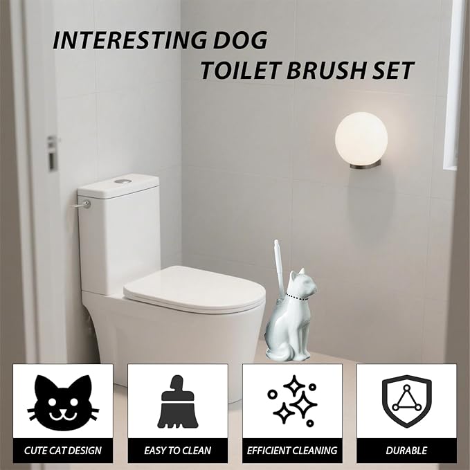 Comeon Ceramic Cat White/Black Toilet Brush and Holder Set Plastic Handled Scrub Brush for Bathroom Cleaning10.63*6.3 (White)