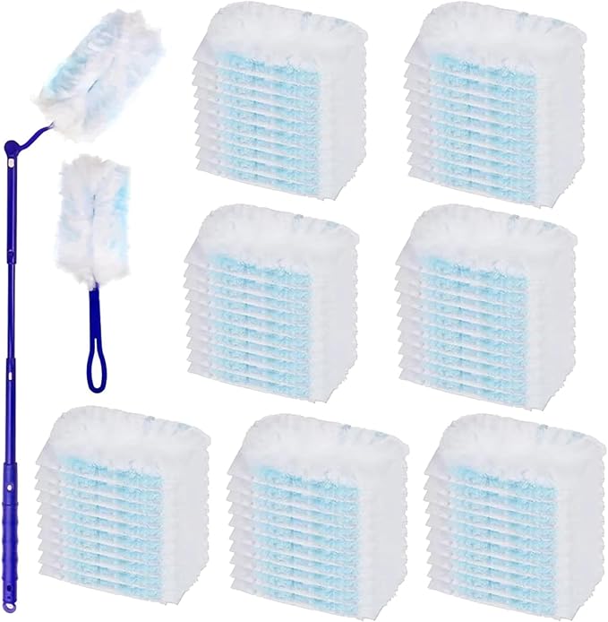 JMIATRY 100PCS Disposable Duster Refills for Swiffer Duster Pads 180 Degree Heavy Duty Dusters Refill with Adjustable Handle Disposable Dusters for Cleaning Home Office (Blue &amp White)