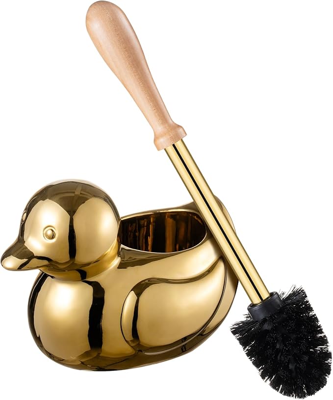 Duck Toilet Brush and Holder Set - Ceramic Bathroom Toilet Scrubber Brush Organizer with Wooden &amp Stainless SteelHandle Gold Toilet Brush &amp Cute Duck Design for Bath Decor Storage