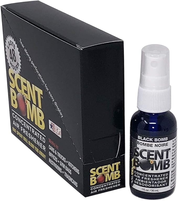 Scent Bomb Air Freshener Bundle - 1 oz &amp 8 oz Bottle Sprays Vent Clip Organic Cans Hanging Circle - Continuous Freshness &amp Long-Lasting Odor Eliminator for Car Home Bathroom - Black Bomb