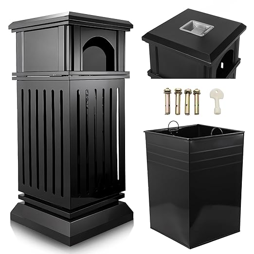 Black Stainless Steel Commercial Trash Can with Locking Lid Heavy Duty Outdoor/Indoor Waste Container Perforated Steel Panels Removable Inner Bucket for Patio Park Garden-35.5x15.8x15.8in
