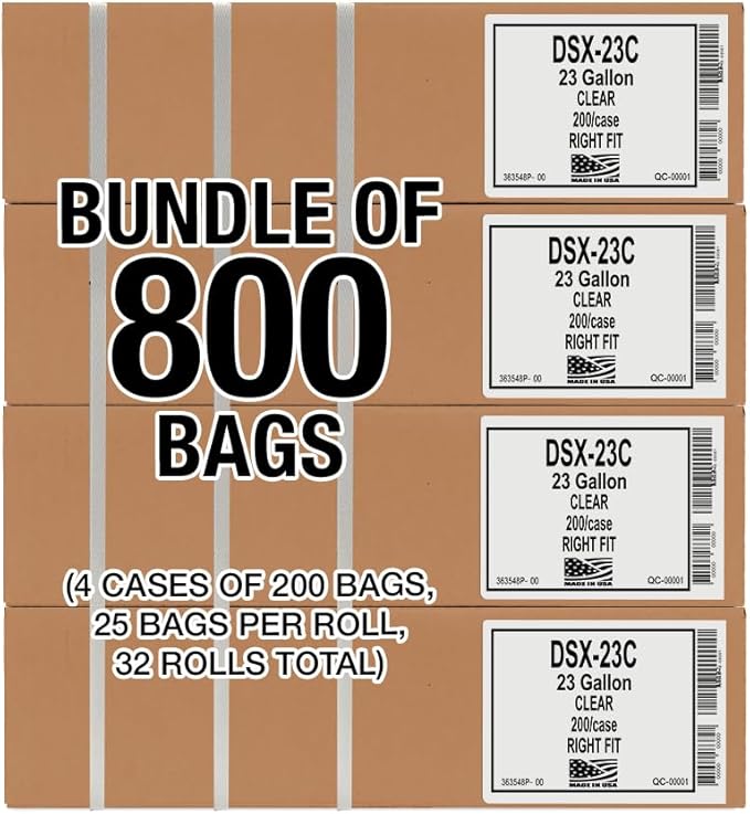 Aluf Plastics 23-26 Gallon 0.9 MIL Clear Garbage Bags With Drawstrings Fits Slim Jim Trash Cans - 28.5 x 39 - Pack of 800 - For Home Office Industrial &amp Municipal