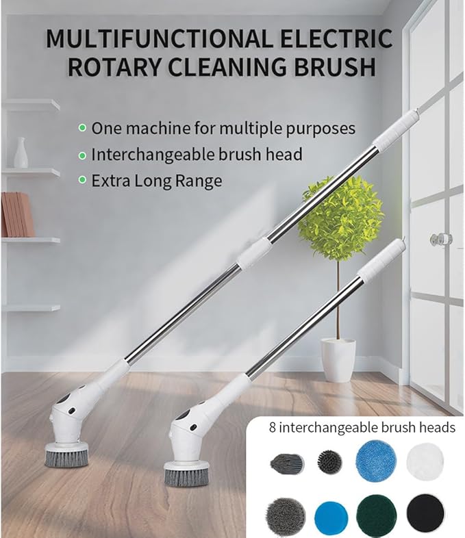 Taoke Electric Scrubber Brushes 8 Replaceable Cleaning Heads &amp Adjustable Handle 3 Speeds with Night Light and LED Display Bathroom Grout Floor Wall Sink Scrubber
