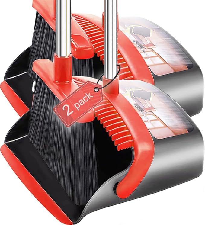 2-Pack is More economicalBrooms with Dustpan Combo Set with 52 Long Handle Dustpan Teeth with self-Cleaning Function Indoor and Outdoor Sweeping Perfect for Home Office (Large/Red /2-Pack)