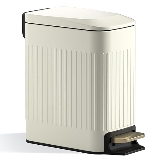Small Bathroom Trash Can with Lid Soft Close-6L/1.6 Gal Slim Step Garbage Can-Metal Pedal Wastebasket-Narrow Rectangle Garbage Container Bin for Corner Office Bedroom Toilet Live Room-Beige