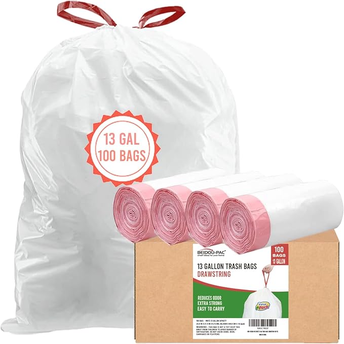 Tall Kitchen Drawstring Trash Bags 13 Gallon 100 Count Heavy Duty White &amp Unscented Can Liners