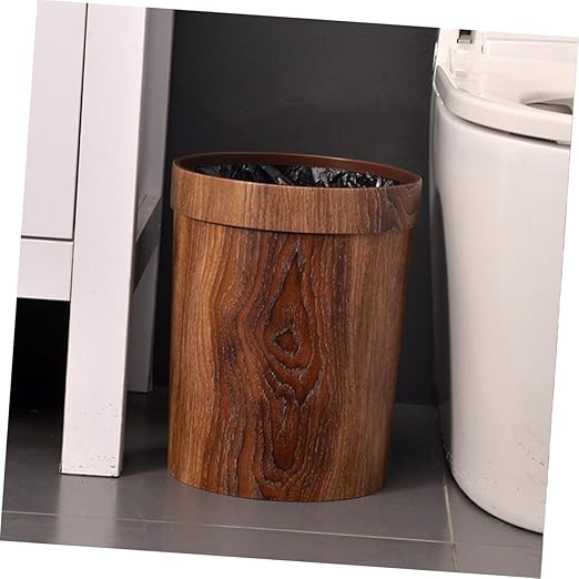 ABOOFAN Wood Grain Plastic Wastebasket Bathroom Trash Can Lid Press Ring Kitchen Garbage Can