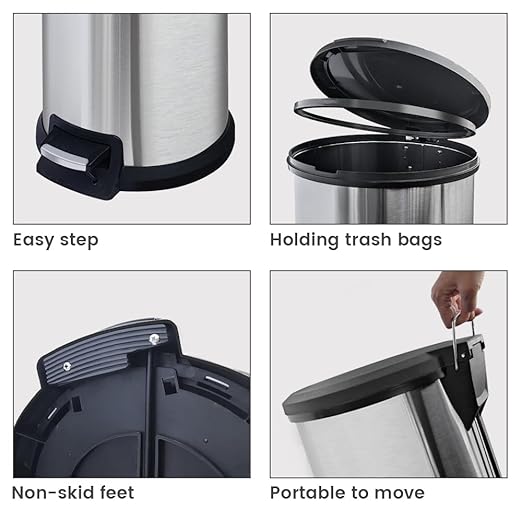 10 Gallon Trash Can with Lid Tall Round Stainless Steel Kitchen Garbage Can with Plastic Lid Liner Free Step-on Pedal Hand Free Trash Can 40 Liter Capacity Silver