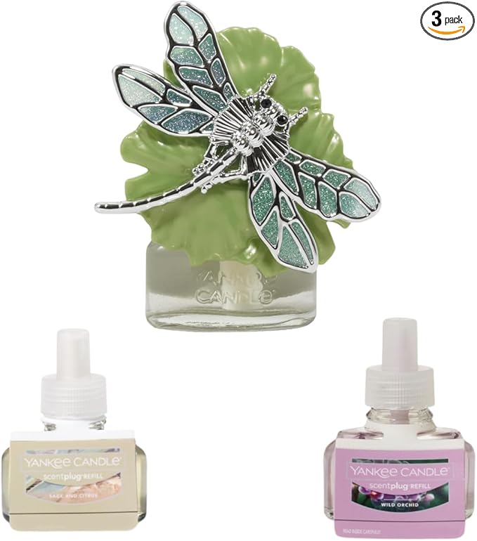 Yankee Candle ScentPlug Diffuser Starter Kit Dragonfly Design with Light Sensor - Includes 2 ScentPlug Refills (Sage &amp Citrus and Wild Orchid)