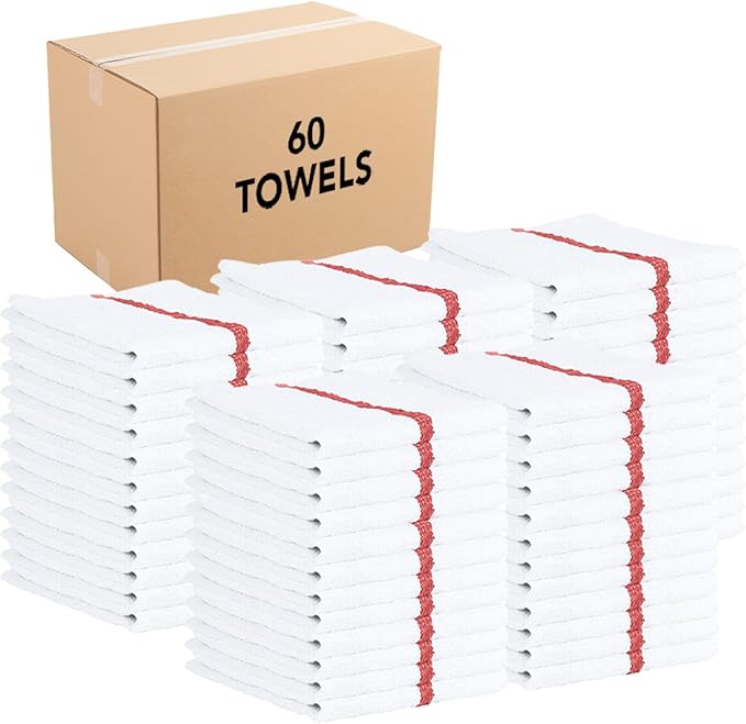 Arkwright Qwick Wick Bar Mop Towels Bulk - (Case of 60) 100% Cotton Quick Dry Dishcloths Super Absorbent Multipurpose Cleaning Rags for Restaurants Kitchen Bathroom Hotel 16 x 19 in Red Stripe