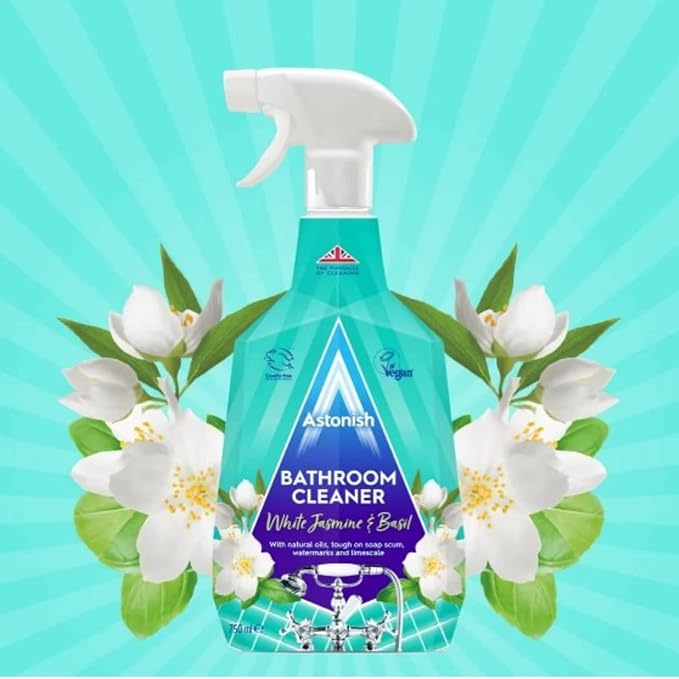 Astonish Streak Free Foaming Bathroom Cleaner Spray Bottle 3 Pack - Deep Cleaning White Jasmine &amp Basil Scented Spray for Soap Scum Watermarks &amp Limescale - Cleaning Supplies 750 ml Bottle